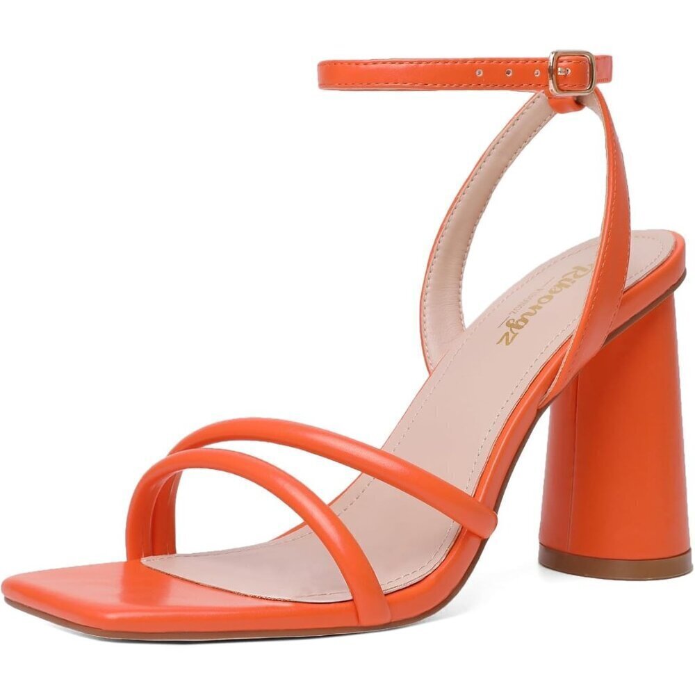 Women's Orange Square Open Toe Strappy Ankle Strap Block Heeled Sandals Shoes